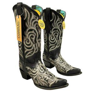 Corral Black Embroidered Leather Pointed Toe Cowboy Boots Western Sz 8 NEW
